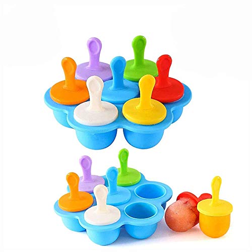 WELLXUNK Moldes de Silicona para Helado,moldes de Paleta,Multifuncional Moldes de Paletas,Reutilizable Popsicle Moldes,7 cavidades con palitos de plástico Coloridos (Azul, 2)