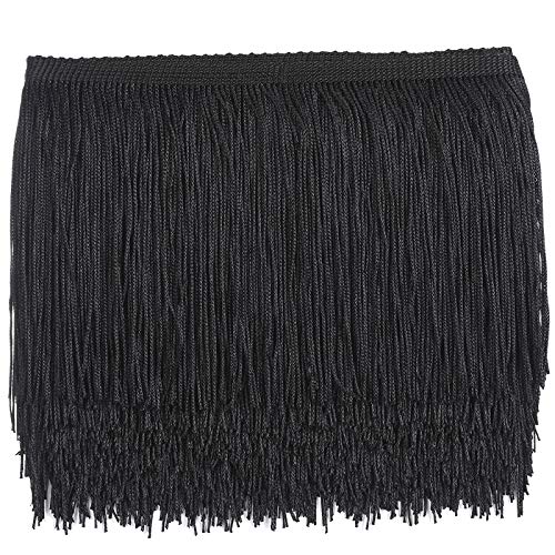 WELROG 10 Metros Longitud 15 cm/5.9 in Ancho borla sedoso Flecos corte Franse Borte Disfraz borla recorta para bricolaje Latin Macrame Samba Dress Stage Ropa Accesorios (Negro)