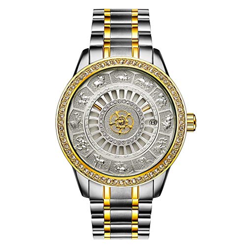 WXZQ Incrustaciones de Diamantes Casual mecánico automático para Hombres Calendario Impermeable Reloj Retro Reloj Resistente Dorado Blanco