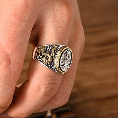 XIRENZHANG Anillo de plata S925 con diseño de dragón dorado y flor de loto Guanyin para hombre, plata con índice 15# - 28# 28#