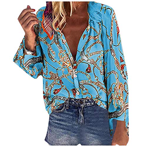 YANFANG Camisa para Mujer, con Estampada de Moda con Cuello en V, Manga Larga Informal, Manga Larga, con Botones, Talla Grande Top