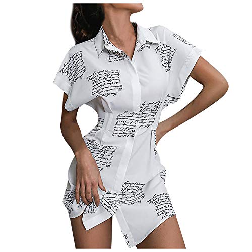 YANFANG Vestido de Manga Corta con Estampado de Moda para Mujer por Encima de la Rodilla Vestidos de Camisa Informal,Mini Vestido de túnica de Manga Corta,White,M