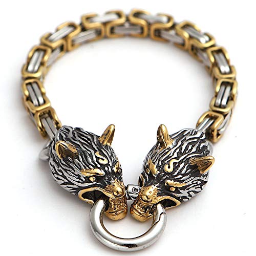 YANGFJcor Pulsera de Cadena de Rey Cabeza de Lobo de Acero Inoxidable con Mito Vikingo Nórdico, Amuleto Pagano de Odin Hecho a Mano Retro para Hombre, Joyería para Niña, Regalo,Inter Gold,23cm