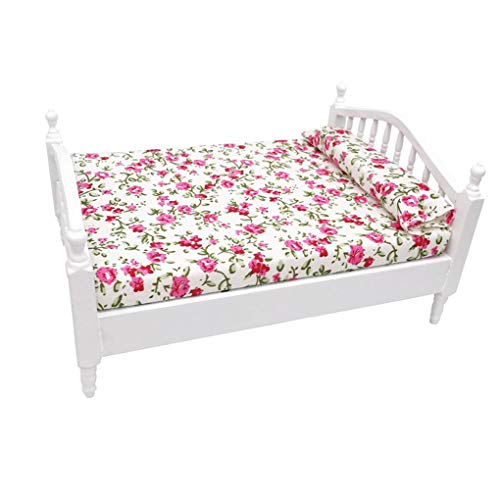 Yihaifu Atura Madera 1/12 Dollhouse Cama Doble Cama Miniatura Floral Hoja Floral Hoja Juguete de la casa de Muebles para el hogar Niños