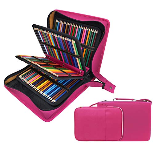 YOUSHARES - Estuche para lápices de colores de piel sintética con 200 + 16 compartimentos, gran capacidad, para lápices de colores Prismacolor, lápices de colores Crayola(rojo)