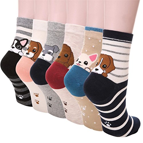 5-6 Pares Calcetines de Algodón para Mujeres Colores Mezclados Animales de Dibujos Gato Patrón Calcetines Calcetines Calientes de Divertidos Ocasionales Invierno Grueso de la EU 35-38 (6 pares-6111)