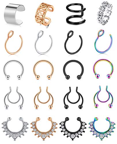 Acero quirúrgico Falso Piercing Nariz Falso Piercing Labio Piercing Septum Non-Pierced CZ Piercing Cuerpo Joyería Mujeres Hombre Clip Nariz Piercing 20 Piezas Couleur Multiple