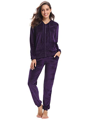 Aibrou Chandal Terciopelo Conjunto Chandal de Mujer Sudadera  con Cremallera y Capucha,Chándal de Completo Chándal Invierno Conjunto Deporte Conjunto Pijamas (Púrpura, XXL)