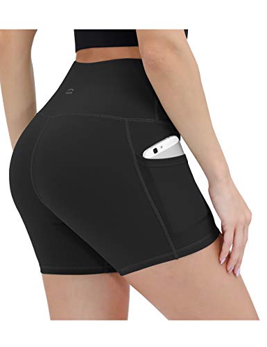 ALONG FIT Leggings Cortos Mujer, no transparenta Mallas Deportivas Mujer Altas de Cintura con Bolsillos Negro S