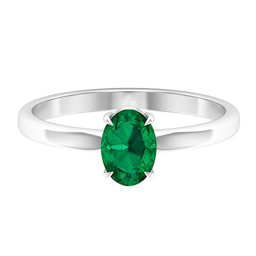 Anillo de promesa, 7x5 mm corte ovalado verde turmalina solitario anillo, 14K Oro blanco, Size:EU 53