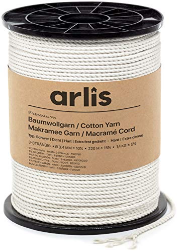 arlis XXL 1,4 kg Hilo de Algodón Fuerte/Cuerda de Macramé Premium [Duro] | aprox. 4-4,5mm Espesor | con Bobina Dura | Denso y de Fuerte Torsión | Ideal para Anudar