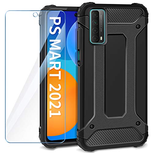 AROYI Funda Compatible con Huawei P Smart 2021 con Protectores Pantalla Cristal Templado, Robusta Carcasa Híbrida TPU y PC de Doble Capa Anti-arañazos Caso para Huawei P Smart 2021, Negro