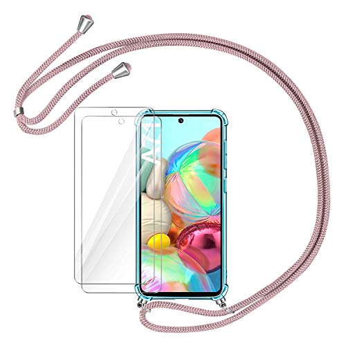 AROYI Funda con Cuerda Compatible con Samsung Galaxy A71 y 2 Unidades Protector Pantalla, Carcasa Transparente TPU Silicona Case con Ajustable Cordón Compatible con Samsung Galaxy A71, Oro Rosa