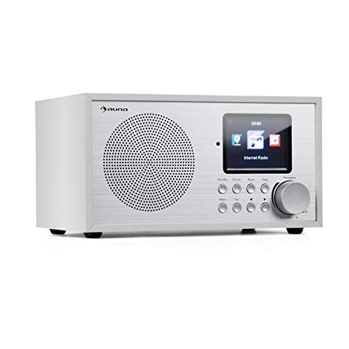 auna Silver Star Mini - Radio con Internet, Bluetooth, Sintonizador Dab+/FM, Wi-fi, USB, Entrada AUX, Potencia de 8 W, Pantalla HCC 2,8" (7 cm), Despertador, Control por App, Mando a distancia, Blanco