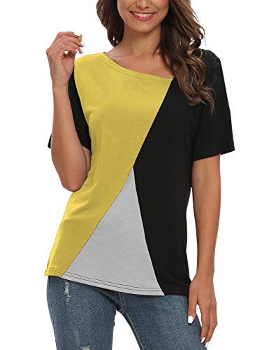 AUSELILY Camisetas de Manga Corta para Mujer Blusas Tops de túnica con Bloques de Color Patchwork.(Negro Amarillo,40-44)