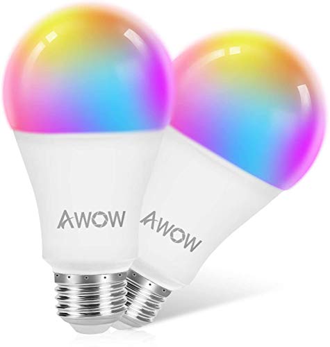AWOW Bombilla LED Inteligente Wifi RGBW, A60 E27 9W 800LM Bombillas Inteligentes con Control de Voz, Cambio de Colores y Luminosidad, Compatible con Alexa, Google Home e IFTTT (Paquete de 2)
