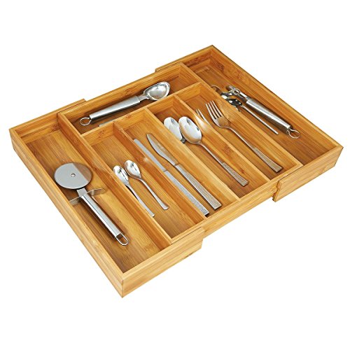 axentia Caja de Cubiertos de Bambú, Bandeja Extensible para Cubiertos con 5 a 7 Compartimentos, Cubertero aprox. 31 - 48,5 x 5,5 x 37 cm, Color madera, 116668