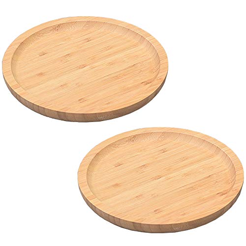 Bandeja de Madera, 2 Piezas Plato Redondo de Madera, Plato Llano Redondo de Madera Pequeño, Bandeja de Madera para Servir, para Posavasos, té, Frutas, Aperitivos, Pasteles, Copas de Vino (Roble)