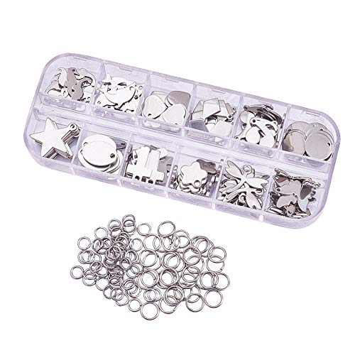 BENECREAT 144 PCS Etiqueta de Estampado en Blanco de Acero Inoxidable Mezclado Colgantes del Encanto de la Forma y 80PCS saltan los Anillos para la fabricacion de Pendiente del Collar de la Pulsera