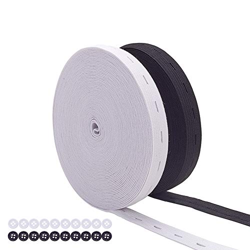 BENECREAT 18m 15mm Banda Negra y Blanca Elástica con Ojal y 20 Botones Cinta Elástica Correa Elástica de Estiramiento Fuerte para Coser Tejer Manualidades de Bricolaje 9m / Color