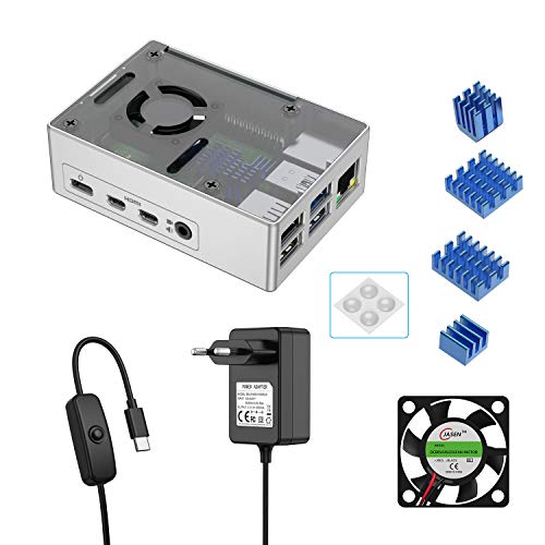 BERLS Caja para Raspberry Pi 4, Interruptor de On/Off de 5.1V 3A USB-C Cargador, Ventilador, 4 Disipadores de Calor, Solo es Compatible con Raspberry Pi 4 (Plata, Aluminio)…