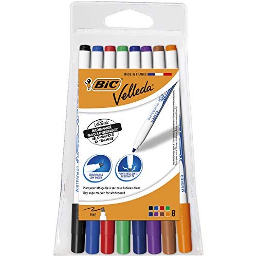 BIC Velleda 1721 Marcadores de Pizarra punta fina - colores Surtidos, Caja de 8 unidades