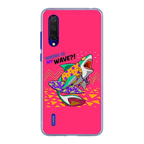 BJJ SHOP Funda Transparente para [ Xiaomi Mi 9 Lite ], Carcasa de Silicona Flexible TPU, diseño : Tiburon surfero, Donde Esta mi Ola