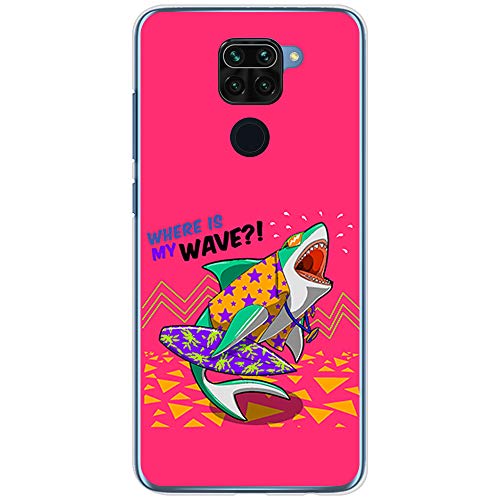 BJJ SHOP Funda Transparente para [ Xiaomi Redmi Note 9 ], Carcasa de Silicona Flexible TPU, diseño : Tiburon surfero, Donde Esta mi Ola