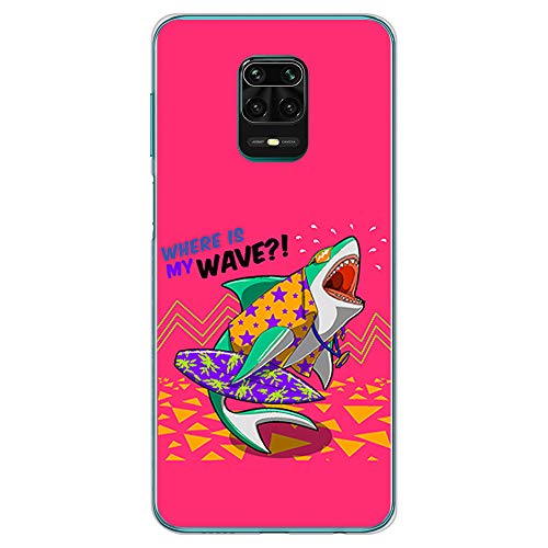 BJJ SHOP Funda Transparente para [ Xiaomi Redmi Note 9s / Xiaomi Redmi Note 9 Pro ], Carcasa de Silicona Flexible TPU, diseño : Tiburon surfero, Donde Esta mi Ola