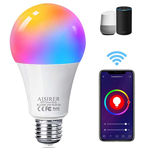 Bombilla LED Inteligente WiFi, AISIRER 10W 1000LM E27 Lámpara, WiFi Bombilla Luces Cálidas/Frías & RGB Funciona con Alexa (Echo, Echo Dot) Google Home, 16 Millones de Colores, Equivalente 90 W, 1 Pack