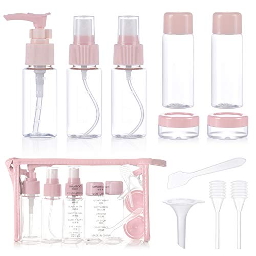 Botella de Viaje, XiYee 10 Piezas Set de Botellas Cosméticas, Botes Dispensadores Plastico, Recipientes de Viaje para Maquillaje Cosmético, Kit Aseo de Viaje para Avion (Pink)