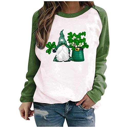 Bumen Señoras Día de San Patricio Lindo Estampado Manga Larga Cuello Redondo Sudadera Casual Señoras Gnomo Estampado de Trébol Sudadera, Día de San Patricio Camisa de Trébol para Mujeres