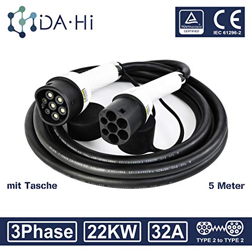 Cable de carga de EV para Vehículos eléctricos e híbridos tipo 2 a tipo 2, 32A 22KW 3 fases 5m, Certificación TÜV y CE IEC 62196-2, IP54 protege contra la lluvia, el viento y el polvo