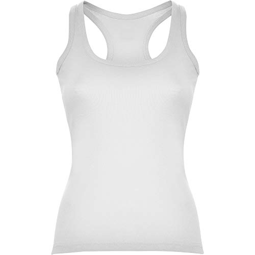 Camiseta Entallada Mujer con Sisas y Escote Ribeteado Espalda Estilo Nadadora en Blanco Talla : XXL