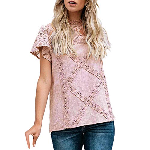 Camisetas Mujer SHOBDW Dia de la Mujer Verano Patchwork De Encaje Casual Ahuecar Volantes Manga Corta Suéter De Cuello De Tortuga Linda Blusa Floral Camiseta Blanca para Mujer (5XL, Rosa)