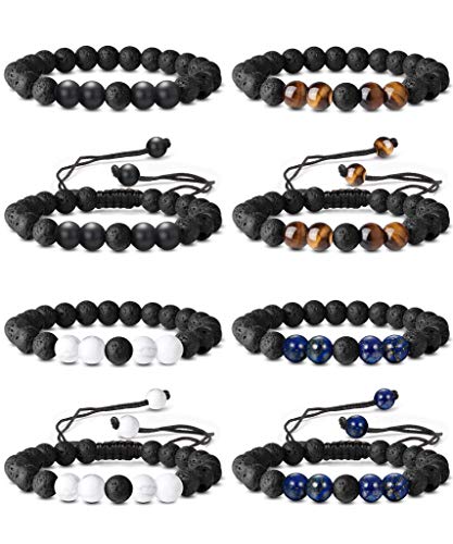 CASSIECA 8Piezas 8MM Pulsera Piedra Volcánica para Hombres Mujeres Pulsera Ojo de Tigre Blanco Negro Pulsera Elástica Distancia