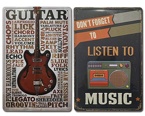 Chapas Vintage de Música | Cassette & Guitarra |. Set de 2 Carteles / Placas metálicas decorativas Retro de Musica para pared de Salón, Bar, Estudio | Tamaño 20x30.