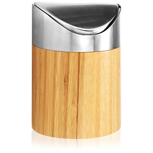 com-four® Bote de Basura con Tapa abatible, Bote de Basura de Mesa de bambú con Tapa de Acero Inoxidable, contenedor de cosméticos Compacto para el baño (marrón Claro - bambú)