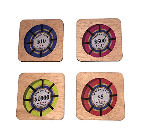 COVERBAGBCN Conjunto Set de 4 Posavasos de Madera Natural FICHA Poker