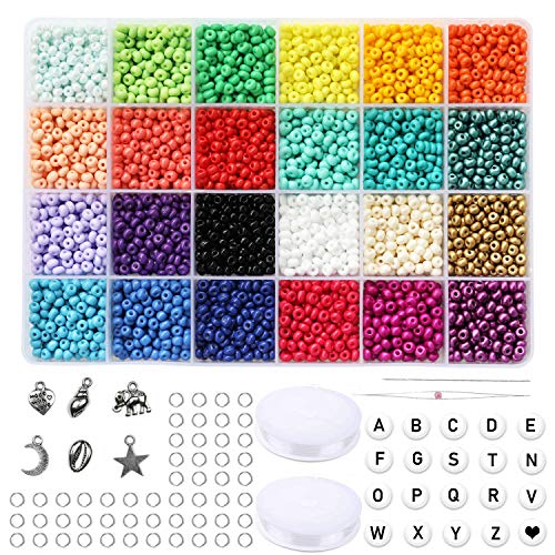 Cuentas de cristal tamaño 6/0 de 4 mm con forma de pony, redondas, 4 x 7 mm, kit surtido con caja organizadora para hacer joyas (juego de 24 surtidos, multicolor, total 3480 unidades)