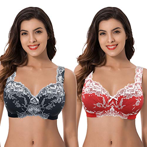 Curve Muse Sujetadores de Cobertura Completa de Encaje inalámbrico sin Forro para Mujer Talla Grande minimizador-Paquete de 2-Negro,rojo-125B