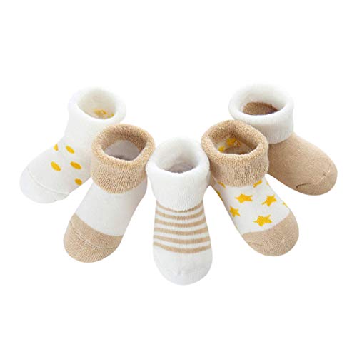 DEBAIJIA Niños Niñas Calcetines De Algodón Cómodo Suave Jogging Absorben el Sudor Antibacteriano Engrosamiento de otoño e invierno Color Caqui 0-1 Año viejo (Pack de 5 Pares)