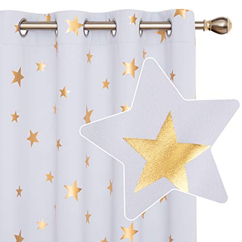 Deconovo Cortinas Dormitorio Moderno para Ventanas de Habitación Juvenil Diseño Estrellas Estampados Dorados con Ojales 2 Paneles 140 x 175 cm Gris Blanco