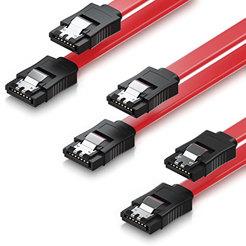 deleyCON 3X 50cm Cable SATA III en un Conjunto Cable de Datos S-ATA 3 HDD SSD Cable de Conexión Pinza de Metal 6 GBit/s - 2 Conectores Rectos Tipo L - Rojo