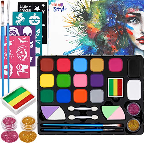 Dookey Pinturas Cara, Pintura Facial, Maquillaje al Agua, Kit de Pintura Facial para Niños, Halloween/Fiestas/Cosplay, Maquillaje Halloween con 17 Colores, 2 Purpurina, 24 Formas de Plantilla