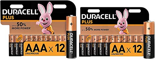 Duracell Plus AA+AAA, Pilas Alcalinas ,2 paquetes de 12, 1,5 Voltios