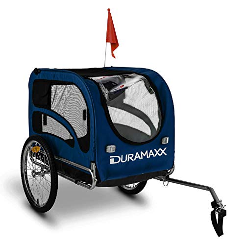 DURAMAXX King Rex Remolque para Bicicletas (Capacidad 250 litros, máx. 40 kg, Acoplamiento Fijo, neumáticos 16", Llantas Acero, banderín, Estructura Nailon) - Negro Azul