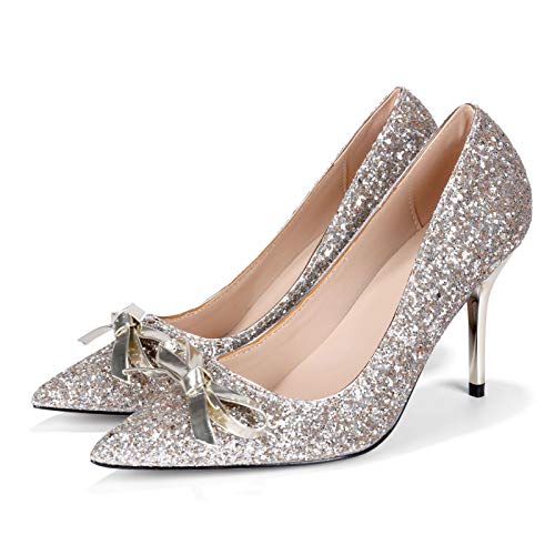 EDOSTORY Tacones De Aguja, Lentejuelas Altas Puntiagudas Stiletto Cristal Zapatos De Boda Zapatos Nupciales Bow BOCHO sobre Solo Zapatos Mujeres Mujeres,Gold Heel Height 7cm,EU39