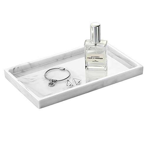 Emibele Bandeja de Baño de Joyería con Medio Tamaño, Plato de Joyería para Organización de Cuarto de Baño, Tocador, Hogar Accesorio Ideal para Guadar Perfume, Jabón Cosas Pequeñas, Mármol blanco