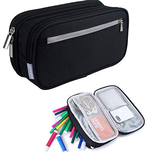 Estuche Escolar,Multifuncional Estuche de Lápices de Gran Capacidad Bolsa de Lápiz Organizador,Estuche Escolar Grande 3 Compartimentos,21 x 11 x 6 cm,Estuche Para Material Escolar (negro)